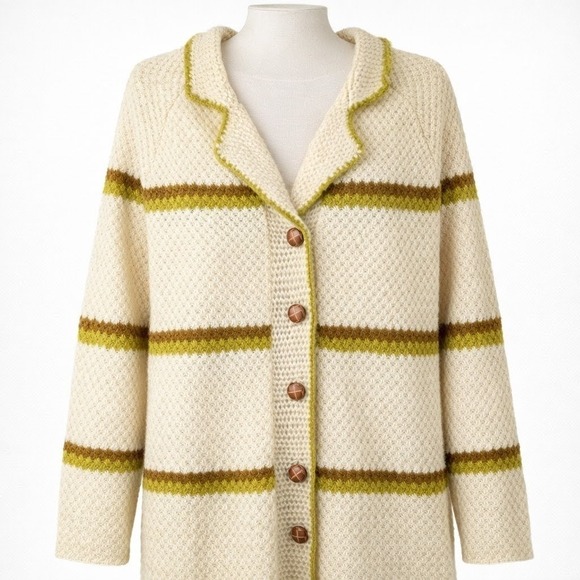 Rubbish Sweaters - Vtg Mohair Striped Knit Button Cream Cardigan Sweater‎ L Preppy Cottagecore Boho